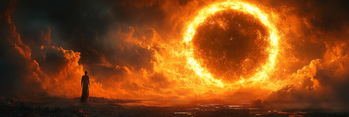 Poster - A glowing sun rising and setting on opposite ends of a circular composition,