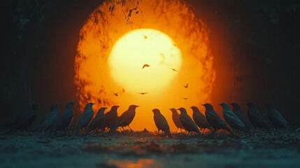 Poster - A flock of birds migrating in a circular pattern, symbolizing their yearly cycle,