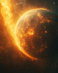 Poster - A planet orbiting a glowing sun in a dynamic elliptical path,