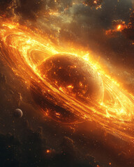 Poster - A planet orbiting a glowing sun in a dynamic elliptical path,