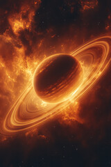 Poster - A ringed planet spinning in an endless cycle against a minimalist background,