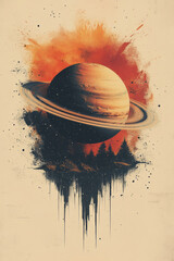 Poster - A ringed planet spinning in an endless cycle against a minimalist background,