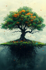 Poster - A stylized tree with leaves falling and regrowing in a continuous cycle,