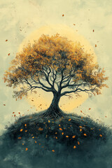 Poster - A stylized tree with leaves falling and regrowing in a continuous cycle,