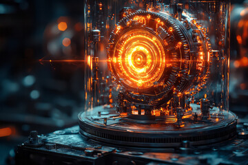 Poster - A glowing perpetual motion machine with rotating gears and pulleys,