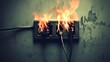 © suyu - Burning electric wire plug on wall receptacle caused by short circuit, emphasizing fire hazards, electrical risks, and safety precautions in residential and commercial environments