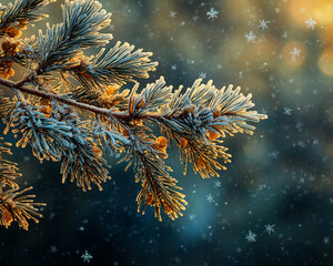 Wall Mural - Frost-covered pine branch with golden sunlight and snowflakes on a blurred winter background