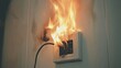 © suyu - Burning electric wire plug on wall receptacle caused by short circuit, emphasizing fire hazards, electrical risks, and safety precautions in residential and commercial environments