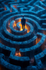 Poster - An abstract maze with tasks at the center and a person stuck at the edge,