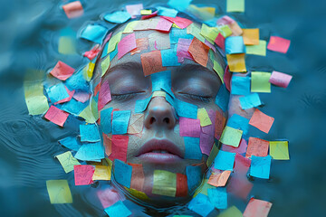 Poster - A person drowning in colorful sticky notes, struggling to reach the surface,