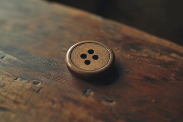 Poster - Wooden Button Rests on Dark Wooden Surface