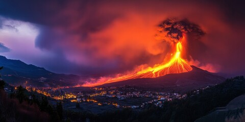 A volcanic eruption with fiery lava flowing down the mountainside, ash clouds darkening the sky, and nearby villages coated in a layer of volcanic dust