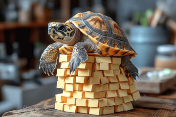 Poster - A turtle carrying a pile of sticky notes, symbolizing slow progress,