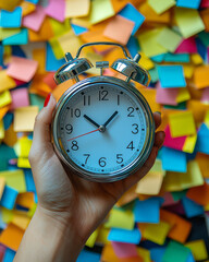 Poster - A hand reaching for an alarm clock, with tasks written on sticky notes scattered nearby,