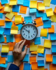 Poster - A hand reaching for an alarm clock, with tasks written on sticky notes scattered nearby,