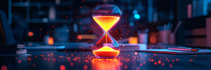 Poster - A glowing hourglass half-full, surrounded by scattered office supplies,