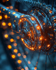 Poster - A close-up of pedals spinning, with glowing wires transmitting energy to a battery,