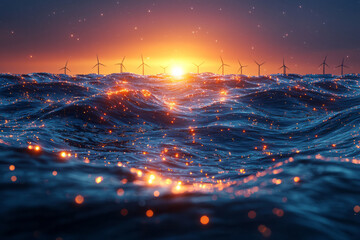 Poster - A glowing offshore wind farm with dynamic waves around turbines,