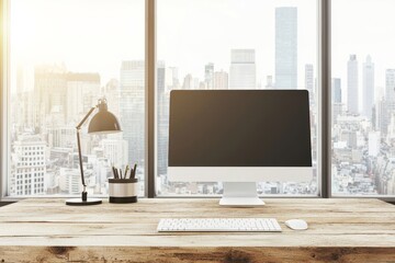 Poster - A desk, computer monitor, and lamp create a minimalistic home office setup near a large city-view window, reflecting modern interior design principles