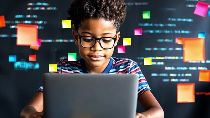 Poster - Young child engages with technology while surrounded by colorful sticky notes in a creative setting