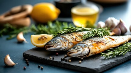 Deliciously grilled fish garnished with fresh rosemary and lemon, accompanied by scattered garlic cloves and peppercorns, set against a rustic dark background.