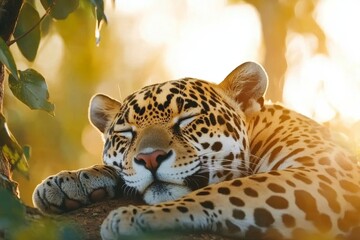 a jaguar resting in a patch of sunlight, its golden fur gleaming and its eyes half-closed in relaxat