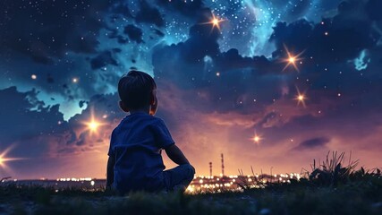 Aufkleber - A young child sits peacefully on the grass, mesmerized by a breathtaking night sky filled with twinkling stars, colorful clouds, and distant galaxies shining brightly.