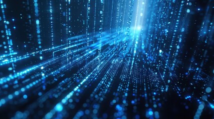 Poster - Futuristic blue digital matrix cyber. Blockchain technology background. Digital matrix particles grid virtual reality abstract cyber space environment background