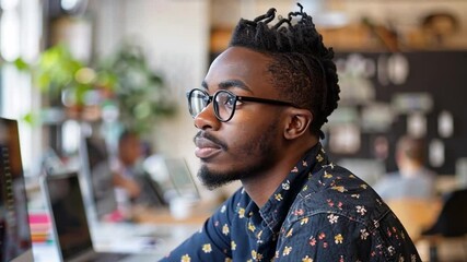 Poster - A man with glasses and stylish hair is deep in concentration at his desk in a contemporary office environment. Others are working around him, illustrating a collaborative atmosphere.