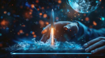 Poster - Futuristic Conceptual Photo. Startup Concept. Rocket Take-off and Released from Digital Tablet to Space. Mission to Moon. Symbol of Success