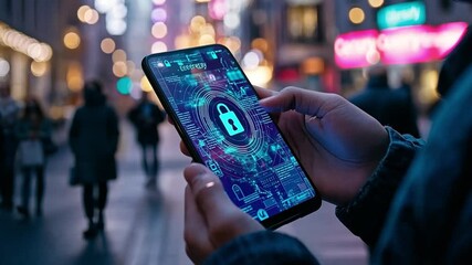 Poster - User exploring neobanking applications and security features in an urban environment at night