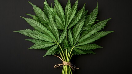 Wall Mural - A bunch of fresh green cannabis leaves tied with twine on a black background.