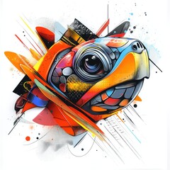 Wall Mural - A vibrant, stylized turtle head surrounded by abstract shapes and colors.