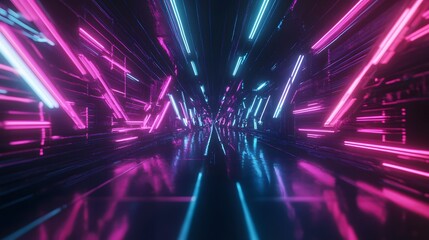 Poster - Neon Lights Illuminate Futuristic Geometric Tunnel