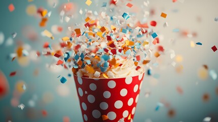 An exploding party popper releases colorful confetti and streamers against a light beige background, capturing a joyful carnival atmosphere in high-speed photography.