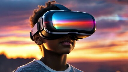 Poster - Child explores virtual reality with goggles during a vibrant sunset