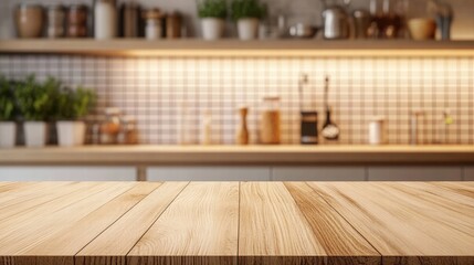 Poster - Realistic wooden table top in a modern kitchen with blurred background showcasing contemporary decor and warm lighting