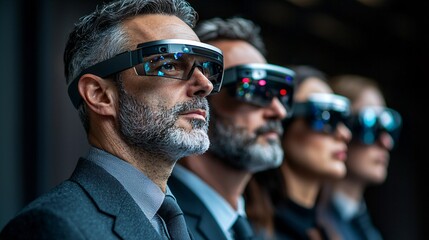 Poster - Business Smart Smart Leadership Decision-Making executives strategizing with augmented reality tools Stock Photo with side copy space