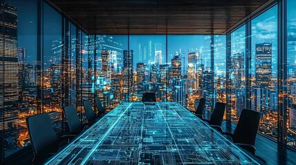 Poster - Business Smart Smart Leadership Decision-Making boardroom discussions enhanced by holographic displays Stock Photo with side copy space