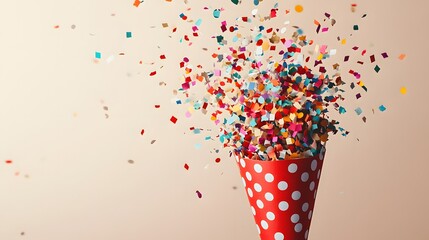 An exploding party popper releases colorful confetti and streamers against a light beige background, capturing a joyful carnival atmosphere in high-speed photography.