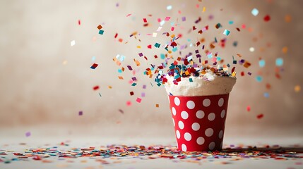 An exploding party popper releases colorful confetti and streamers against a light beige background, capturing a joyful carnival atmosphere in high-speed photography.