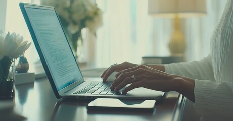 Poster - Inside a home office, a woman types on her laptop, conducting research or networking for a freelance project. Her remote work setup allows her to write emails, reports, or online reviews concerning a