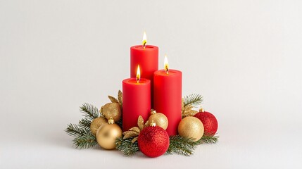 Poster - Chinese New Year. Festive red candles surrounded by gold and red ornaments on a light background.