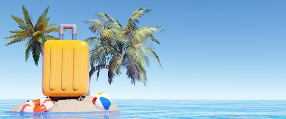 Poster - Summer vacation island 3d render illustration. Realistic tropical island for summer holiday vacation background