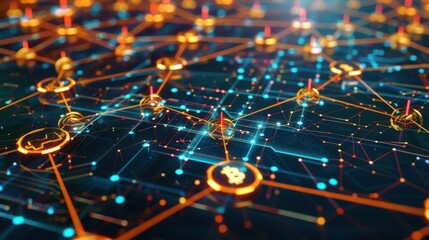 Poster - Futuristic network of cloud computing and blockchain technology - A vibrant 3d polygonal illustration depicting the interconnected world of digital currency and modern tech