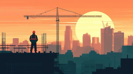 Poster - Sunrise Construction Scene with Worker and Crane Over City Skyline