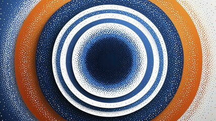 Wall Mural - Digital abstract artwork featuring concentric circles with dark navy, white, light blue, and orange tones, creating a dynamic, gradient effect.