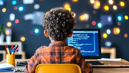 Poster - Young child learns coding in a cozy workspace filled with colorful lights and stationery