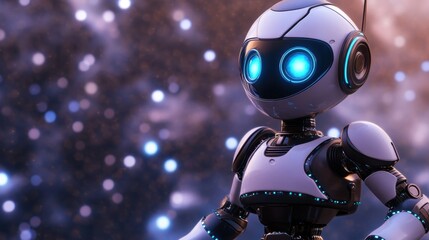 Poster - Cute futuristic robot with glowing blue eyes in cosmic background
