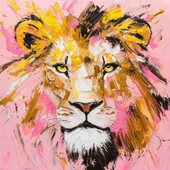 Wall Mural - Powerful oil paint illustration of the front face of a lion, gold and pink